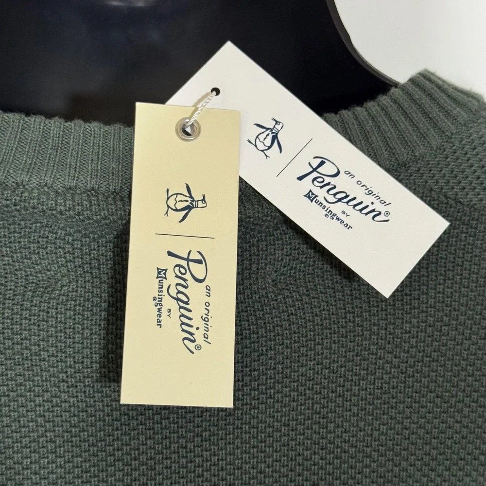 Original Penguin Men's Deep Forest Green Cotton Textured Crew Neck Sweater